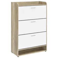Elevate the organization of your entryway with our dual-tone shoe cabinet, a harmonious blend of practicality and contemporary design. This chic cabinet, crafted from robust engineered wood with a realistic wood-look laminate, offers three tiers of shelvi