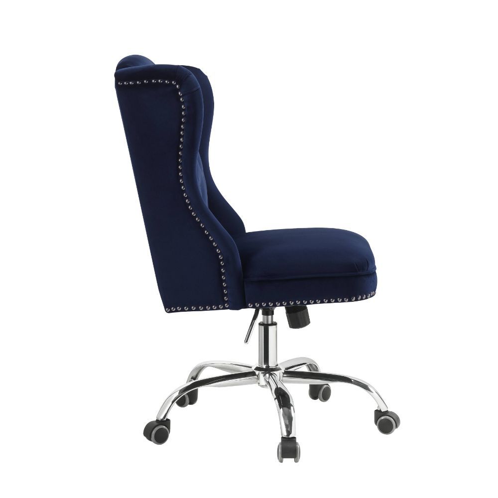 Bring a taste of vintage style to your office with this Jamesia office chair. It is securely mounted atop of a five-star base with caster wheels. This piece features a high backrest with a wingback style. The upholstered midnight blue velvet gives it a lu