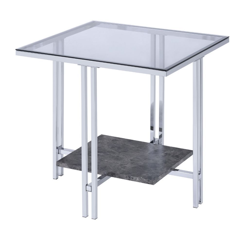 KD, Rectangular End Table â€¢ Storage: Open Compartment (1 Wooden Shelf, Fixed) â€¢ Features: Glass Top, Faux Marble Shelf, Metal Leg Base (Open Base) â€¢â€¢ CONSTRUCTION â€¢â€¢ TOP) GLASS: 5mm (NO Apron) â€¢ SHELF) Faux Marble: Paper Veneer, PB () â€¢ BA