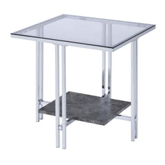 KD, Rectangular End Table â€¢ Storage: Open Compartment (1 Wooden Shelf, Fixed) â€¢ Features: Glass Top, Faux Marble Shelf, Metal Leg Base (Open Base) â€¢â€¢ CONSTRUCTION â€¢â€¢ TOP) GLASS: 5mm (NO Apron) â€¢ SHELF) Faux Marble: Paper Veneer, PB () â€¢ BA