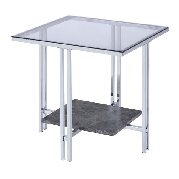 KD, Rectangular End Table â€¢ Storage: Open Compartment (1 Wooden Shelf, Fixed) â€¢ Features: Glass Top, Faux Marble Shelf, Metal Leg Base (Open Base) â€¢â€¢ CONSTRUCTION â€¢â€¢ TOP) GLASS: 5mm (NO Apron) â€¢ SHELF) Faux Marble: Paper Veneer, PB () â€¢ BA