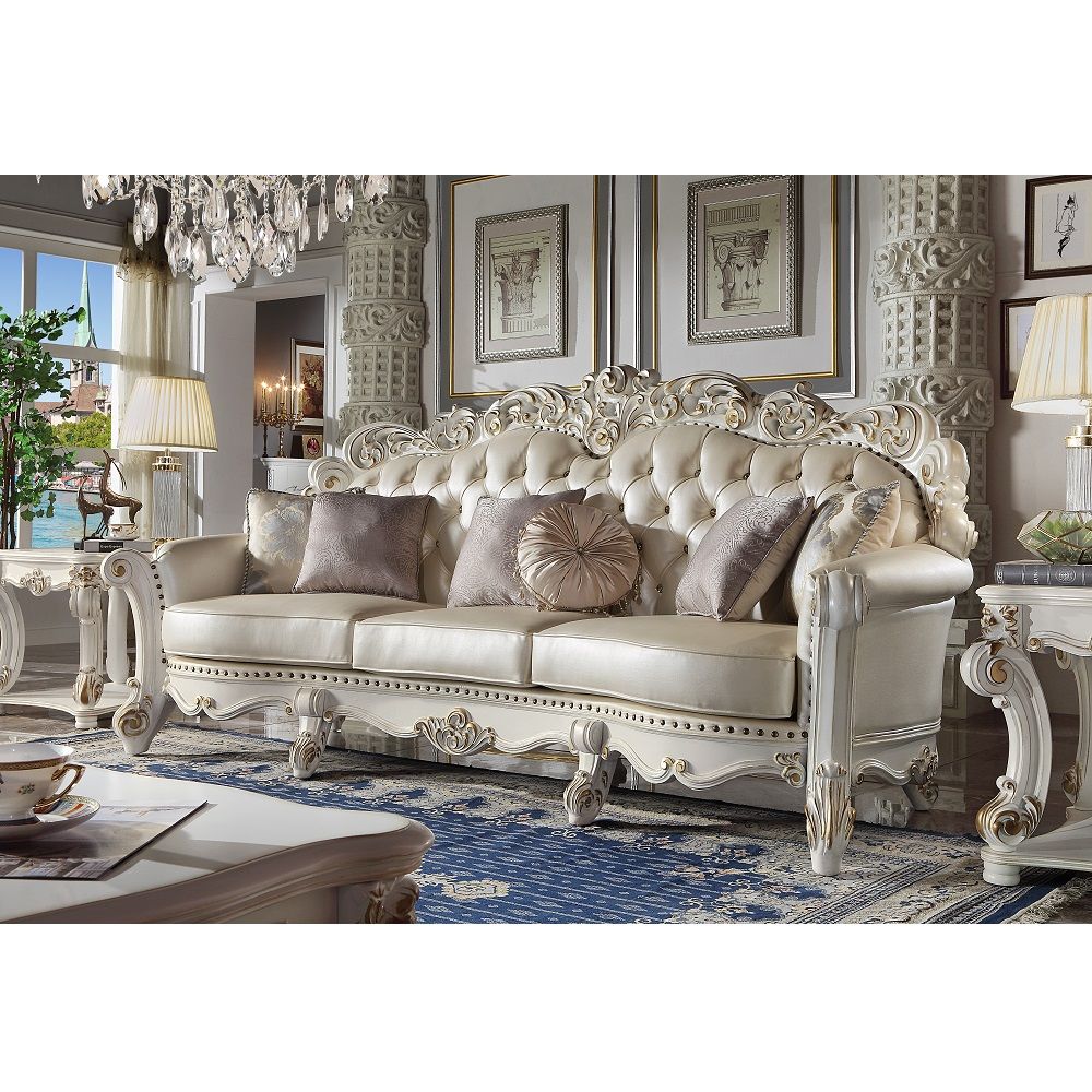Assembled, with 4 Pillows Oversized Scrolled Trim: Vintage Hand-Brush, Nailhead (Backrest, Front Armrest & Base) Backrest Style: Arched (Inside Button Tufted) Tight Back & Loose Seat Cushion (1+3) CONSTRUCTION] SEAT: Pocket Coil, Foam