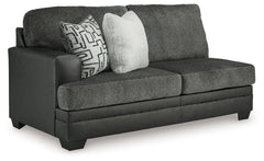 This left-arm facing sofa is made with polyester and faux leather upholstery. Pairs with other items in the series to make a sectional.<br><br><b>Additional Dimensions</b><br><ul><li>Arm height: 27-"</li><li>Seat depth: 23-"</li><li>Seat height: 21-"</li>