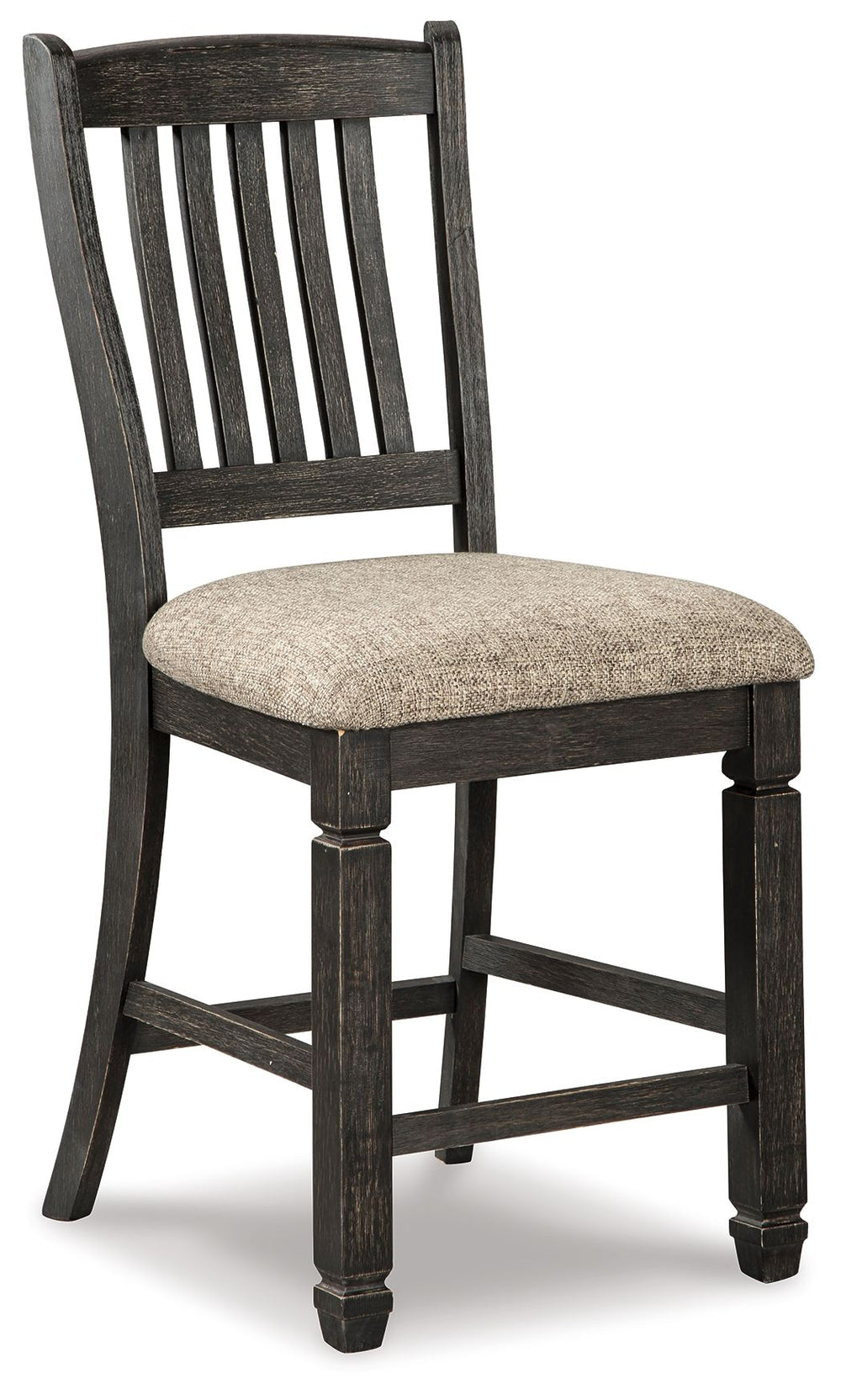 Invite your family into the heart of your home with this upholstered bar stool. Its framed back and tapered legs, in a beautifully textured black finish, provide a sturdy foundation. The stool-'s heavily woven fabric has a quality feel-good touch, while i