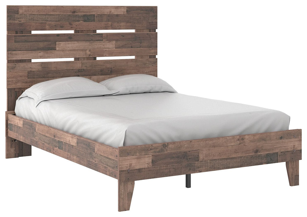 Streamlined design and a stunning finish come together in one simply extraordinary bed. This full panel bed is sure to impress with platform styling and a rich brown finish over replicated pine grain texture. Its mid-century profile is a nod to the past, 