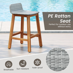 High-quality acacia wood construction for durability<br>Splinter-free surfaces for a smooth and safe touch<br>Ergonomic design with a supportive backrest and curved armrests<br>PE rattan seat is fade-resident for long-time use<br>Added footrests for a coz