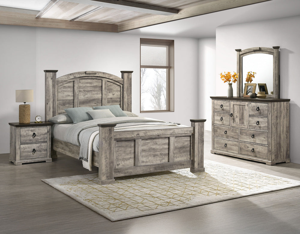 Immerse yourself in the rustic charm of this exquisite bedroom collection, where timeless design meets sophisticated craftsmanship. The set exudes a warm, weathered aesthetic that effortlessly complements any home decor, bringing an air of tranquil elegan
