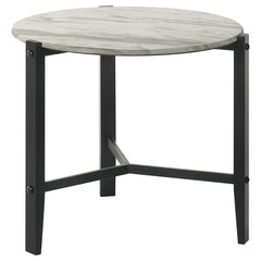 Elevate your living space with this modern end table, featuring a minimalist design. Its slim black solid rubberwood legs form a tripod-like base, supporting a round top with a faux white marble-inspired finish. The high-pressure laminate surface has a te