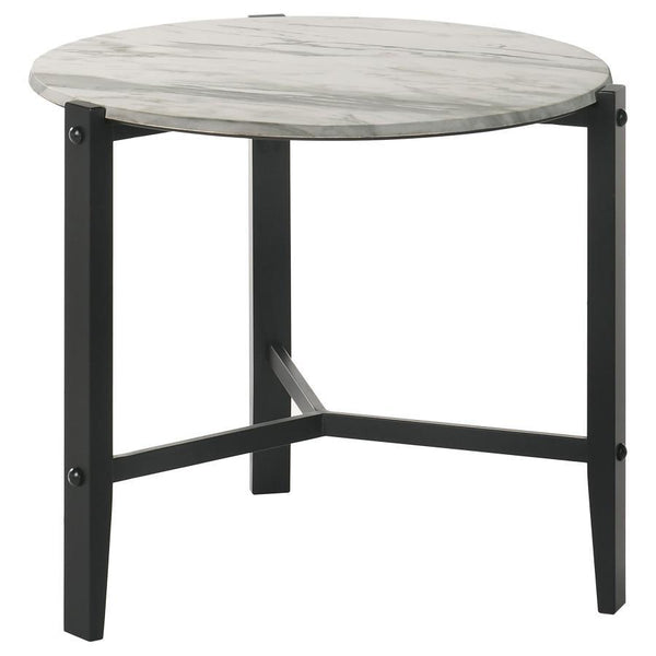 Elevate your living space with this modern end table, featuring a minimalist design. Its slim black solid rubberwood legs form a tripod-like base, supporting a round top with a faux white marble-inspired finish. The high-pressure laminate surface has a te