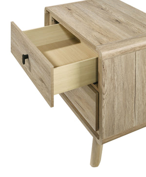  blending natural textures with contemporary charm. The centerpiece features a slatted headboard and footboard