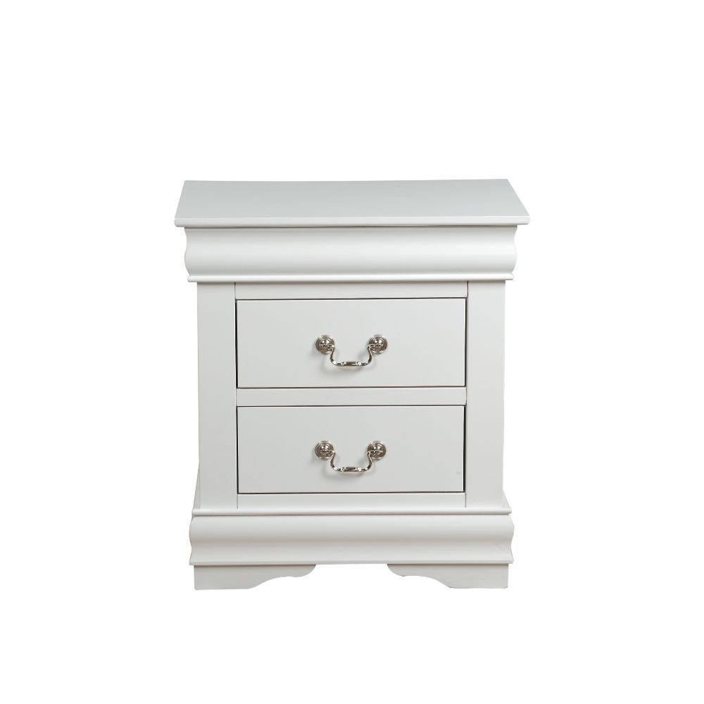 The Louis Philippe two drawer nightstand in white finish boasts engineered wood and veneer craftsmanship for enduring elegance. Brush nickel metal hardware adorns each of the drawer fronts and it-'s framed by crown molding detail.<br/><br/><b>Product Feat