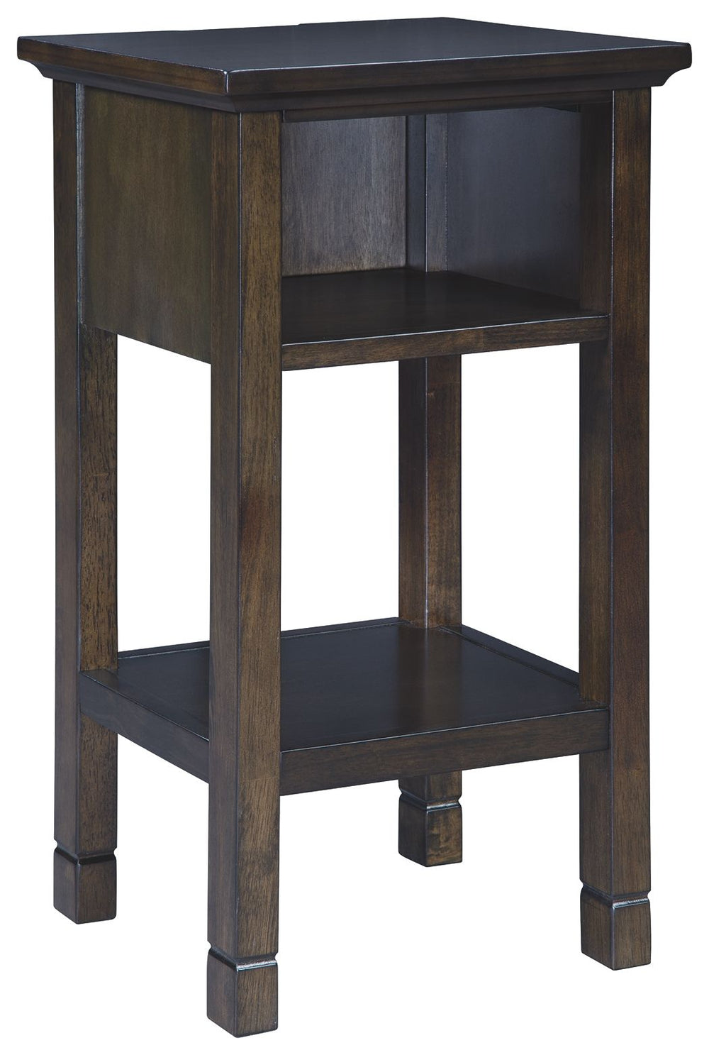 Your home called. It asked for this accent table. Its dark brown finish is simply irresistible, elevating the silhouette with elegance. Clean lines maintain the contemporary aesthetic you crave. The open cubby and bottom shelf provide storage for essentia