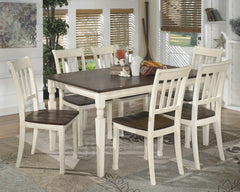 Made with select veneers and hardwood solids in a two-tone finish. Table and server top and chair seat is finished in a burnished brown color. The chair frame, table and server base is finished in cottage white paint. Antique bronze color bin pulls. Glued