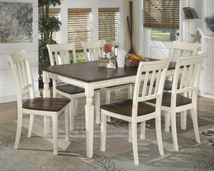 Made with select veneers and hardwood solids in a two-tone finish. Table and server top and chair seat is finished in a burnished brown color. The chair frame, table and server base is finished in cottage white paint. Antique bronze color bin pulls. Glued