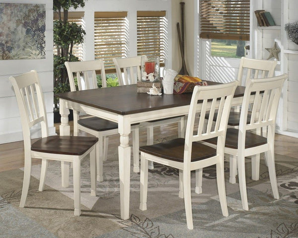 Made with select veneers and hardwood solids in a two-tone finish. Table and server top and chair seat is finished in a burnished brown color. The chair frame, table and server base is finished in cottage white paint. Antique bronze color bin pulls. Glued