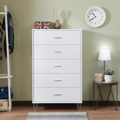 This beautiful Deoss chest of drawers boasts of contemporary style, five drawers with metal drawer handles. Crafted with rich white finish enhances this dresser-'s sleek style and the drawers provide plenty of storage space for clothes and more.<br/><br/>