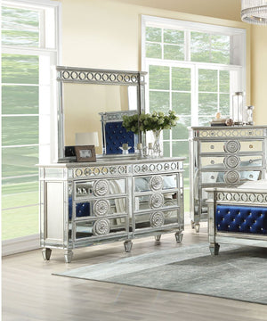 The Varian dresser provides a commanding presence in any room. Add a dash of glam to your bedroom with this Varian dresser, this dresser features four tapered legs and 8 storage drawers with crystal-like knobs. This gorgeous dresser is accented with raise