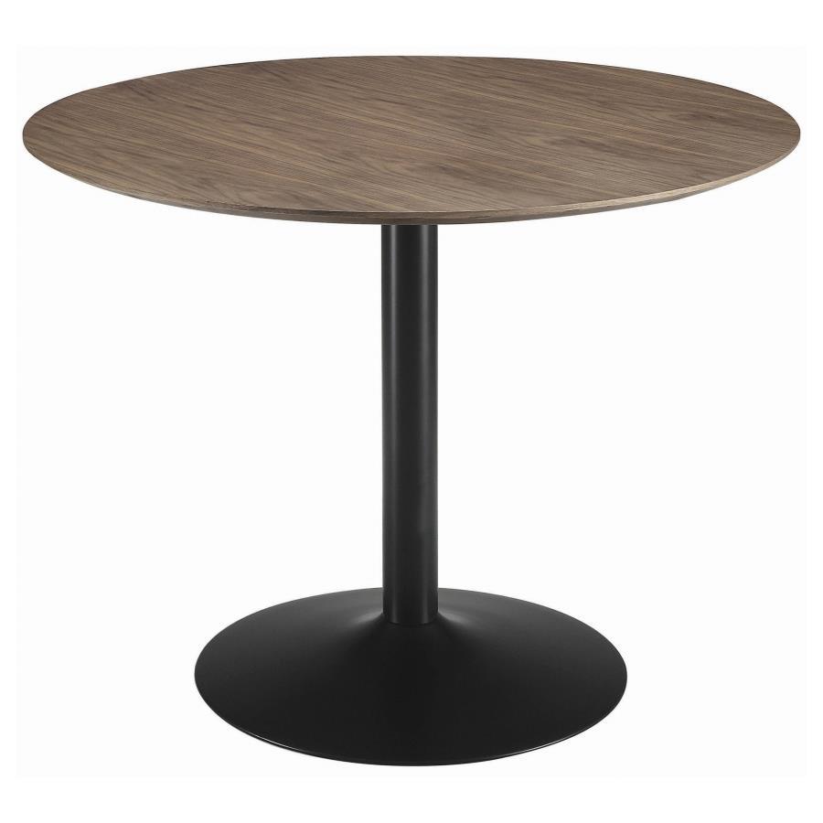 Create a cozy dining spot with this retro-modern round table, featuring a rich walnut veneer top and a smooth black pedestal base. The compact 40-inch size makes it ideal for breakfast nooks or smaller dining areas, while the clean silhouette and warm woo