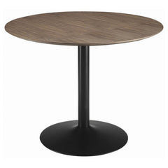 Create a cozy dining spot with this retro-modern round table, featuring a rich walnut veneer top and a smooth black pedestal base. The compact 40-inch size makes it ideal for breakfast nooks or smaller dining areas, while the clean silhouette and warm woo