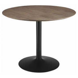 Create a cozy dining spot with this retro-modern round table, featuring a rich walnut veneer top and a smooth black pedestal base. The compact 40-inch size makes it ideal for breakfast nooks or smaller dining areas, while the clean silhouette and warm woo