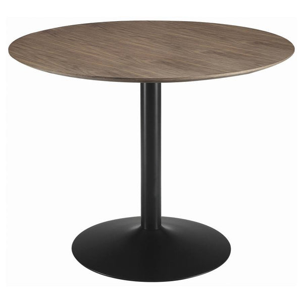 Create a cozy dining spot with this retro-modern round table, featuring a rich walnut veneer top and a smooth black pedestal base. The compact 40-inch size makes it ideal for breakfast nooks or smaller dining areas, while the clean silhouette and warm woo