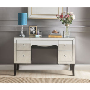  Rectangular Vanity Desk Beveled Mirrored Finish (Back Unfinished) Orientation: Free Standing Storage: 5 Drawers (Open Base) CONSTRUCTION Mirrored Case-Frame & Drw: Mirror