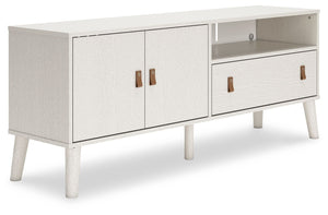 Dare to take minimalism to the max. This TV stand has an air of sleek simplicity thanks to its white painted finish with subtle replicated wood grain. A drawer, open shelf and cabinet provide just the right amount of living room storage, while magnificent
