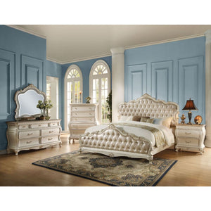  the Chantelle bedroom collection is filled with romantic wonder. The French rococo button tufted headboard and footboard complemented with a broad selection of granite top case pieces to create a perfect suite for any bedroo