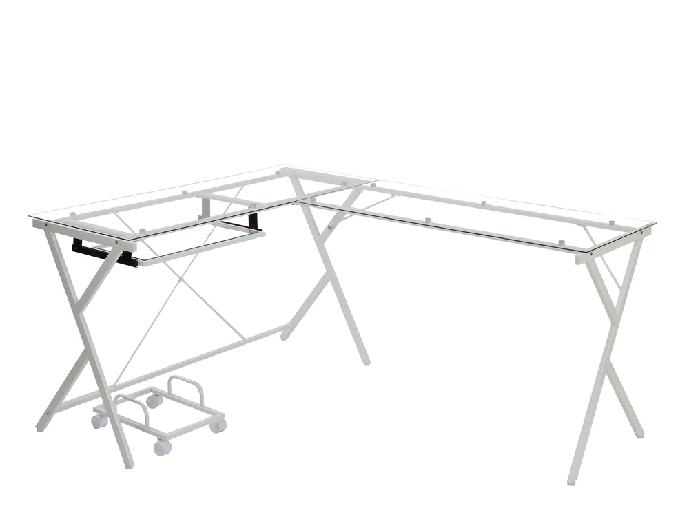 Corner Computer Desk Orientation: -"L-" ShapeX-Shape Metal Frame BaseRectangular Table Top w/Tempered GlassKey Board Tray IncludedComputer Holder Included<br/><br/><b>Product Features</b><ul><li>Corner Computer Desk</li><li>Orientation: -"L-" Shape</li><l