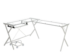 Corner Computer Desk Orientation: -"L-" ShapeX-Shape Metal Frame BaseRectangular Table Top w/Tempered GlassKey Board Tray IncludedComputer Holder Included<br/><br/><b>Product Features</b><ul><li>Corner Computer Desk</li><li>Orientation: -"L-" Shape</li><l