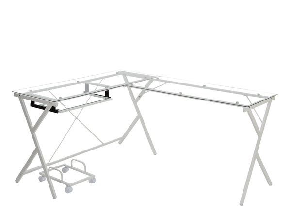 Corner Computer Desk Orientation: -"L-" ShapeX-Shape Metal Frame BaseRectangular Table Top w/Tempered GlassKey Board Tray IncludedComputer Holder Included<br/><br/><b>Product Features</b><ul><li>Corner Computer Desk</li><li>Orientation: -"L-" Shape</li><l