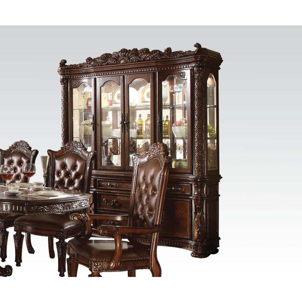 Hutch & Buffet Hutch: Touch Light, 4 Glass Doors (2 glass Shelves Inside), Oversized Crown Buffet: 5 Drw & 2 Wooden Doors (KD Leg) Drawer: GLIDE Side Metal (Ball Bearing), DOVETAIL English Back Only, Felt Line All Drawers Shaped Glass Door (Size Not Avail