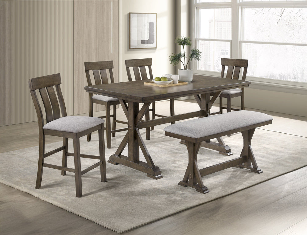 Elevate your dining experience with this beautifully crafted counter-height dining set, where rustic charm meets modern sophistication. Designed to bring warmth and style to any space, the sturdy table features a bold trestle base that exudes farmhouse ap
