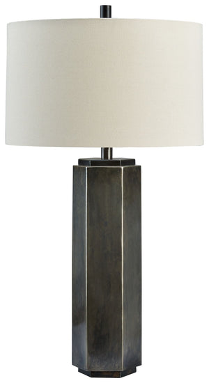 Why settle for standard light fixtures when this table lamp adds so much warmth and style? This hexagon-shaped lamp features an antiqued pewter-tone and black finish topped with a drum shade. Whether lighting a living area, bedroom or entryway, this piece