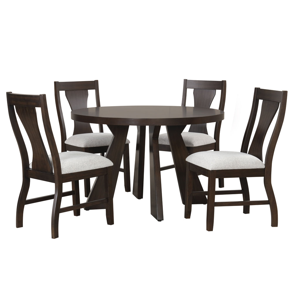 The Chestnut Ridge 5-Piece Dining Set brings together durability and style, featuring a round dining table and four side chairs that create an inviting space for everyday meals or cozy gatherings. Crafted from solid Rubberwood, manufactured woods, and woo