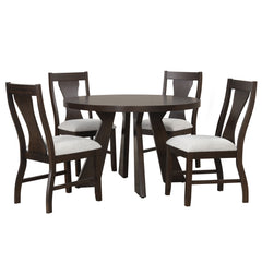 The Chestnut Ridge 5-Piece Dining Set brings together durability and style, featuring a round dining table and four side chairs that create an inviting space for everyday meals or cozy gatherings. Crafted from solid Rubberwood, manufactured woods, and woo