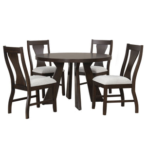 The Chestnut Ridge 5-Piece Dining Set brings together durability and style, featuring a round dining table and four side chairs that create an inviting space for everyday meals or cozy gatherings. Crafted from solid Rubberwood, manufactured woods, and woo