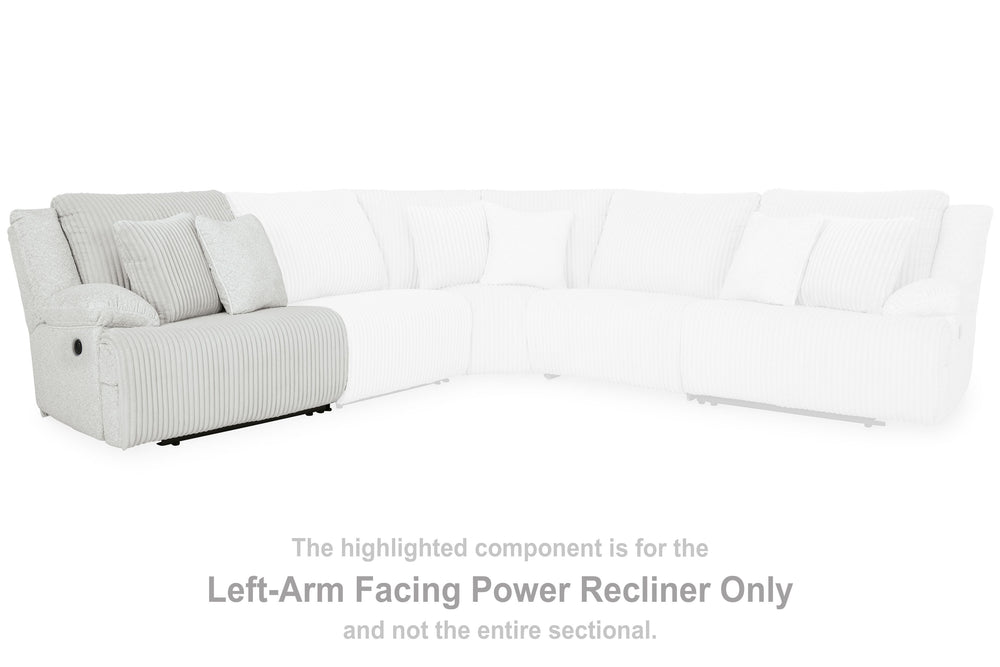 This left-arm facing power recliner is made with polyester upholstery. Pairs with other items in the series to make a sectional.<br><br><b>Additional Dimensions</b><br><ul><li>Arm height: 26-"</li><li>Seat depth: 23-"</li><li>Seat height: 20-"</li><li>Ful