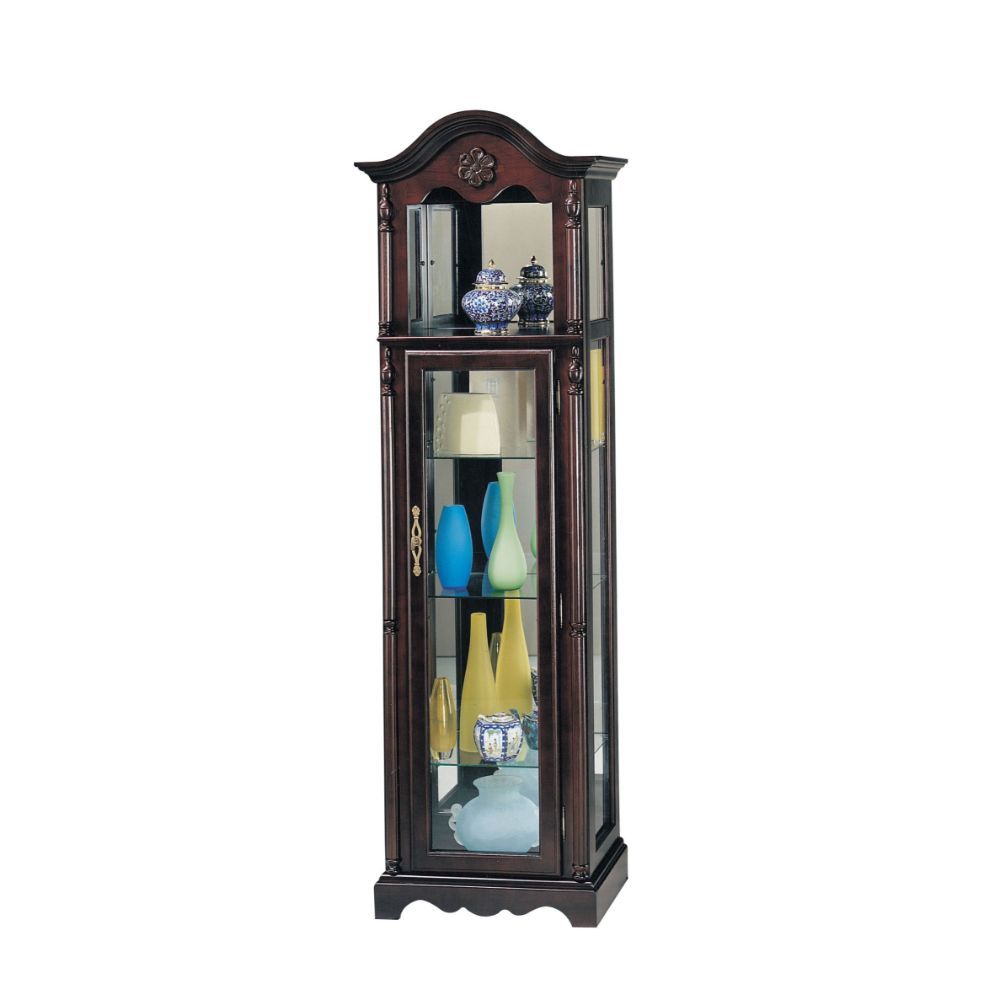The Lindsey cherry curio cabinet offers an instant upgrade for your home. Standing for durability, display your keepsakes and decorative items on its glass shelves.<br/><br/><b>Product Features</b><ul><li>Curio Cabinet</li><li>Orientation: Wall Flat Stand