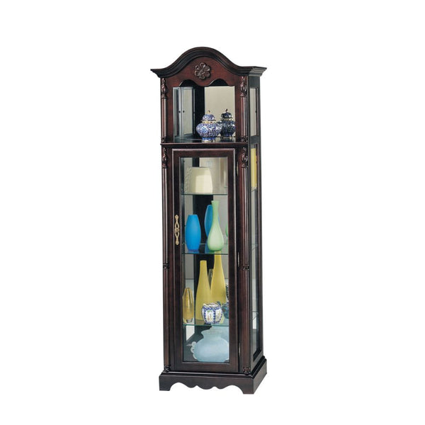 The Lindsey cherry curio cabinet offers an instant upgrade for your home. Standing for durability, display your keepsakes and decorative items on its glass shelves.<br/><br/><b>Product Features</b><ul><li>Curio Cabinet</li><li>Orientation: Wall Flat Stand