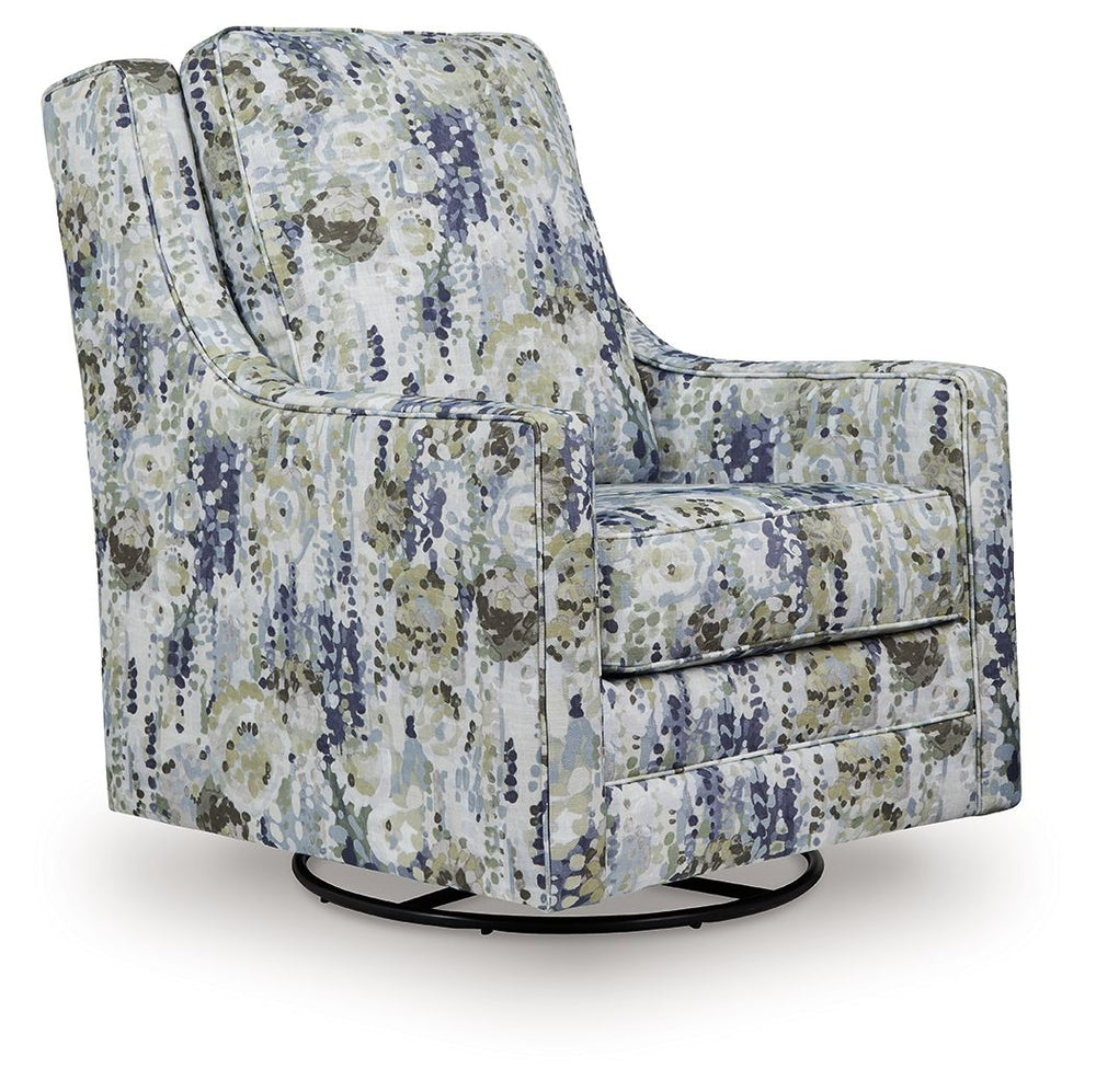 Eye-catching contemporary style and modern comfort? Yes, please. This swivel glider accent chair-'s abstract floral-patterned upholstery will have you sitting pretty. Simply flip the cushions over when it-'s time for a refresh. The chair-'s gentle rocking