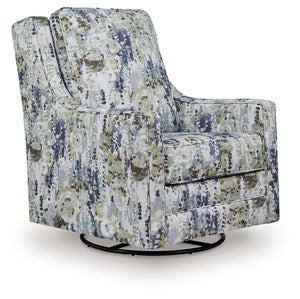 Eye-catching contemporary style and modern comfort? Yes, please. This swivel glider accent chair-'s abstract floral-patterned upholstery will have you sitting pretty. Simply flip the cushions over when it-'s time for a refresh. The chair-'s gentle rocking