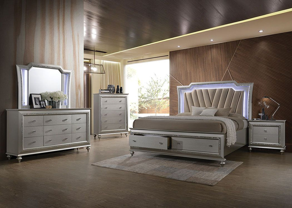 The Kaitlyn bed provides a commanding presence in any room. This contemporary storage bed features a channel tufted padded headboard and a low-profile footboard with storage drawers. Crafted with a glam look that is an ideal addition to any bedroom, the h