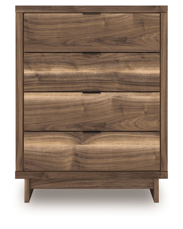  while the angular base incorporates contemporary motifs. Integrated drawer handles