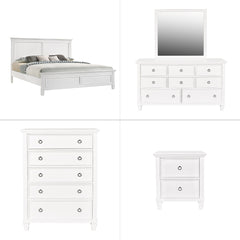 The Tamarack 5 Piece Bedroom Set in white, featuring a Panel Bed, Dresser, Mirror, Chest, and Nightstand, is a remarkable blend of durability and style. Built with solid poplar, basswood veneers, and eco-friendly manufactured wood, this set promises stren