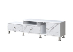 Embrace modern sophistication and functionality with this stunning entertainment console, designed to be the centerpiece of any contemporary living space. Featuring a sleek white finish with elegant faux marble accents, this piece combines luxury and prac