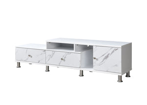 Embrace modern sophistication and functionality with this stunning entertainment console, designed to be the centerpiece of any contemporary living space. Featuring a sleek white finish with elegant faux marble accents, this piece combines luxury and prac