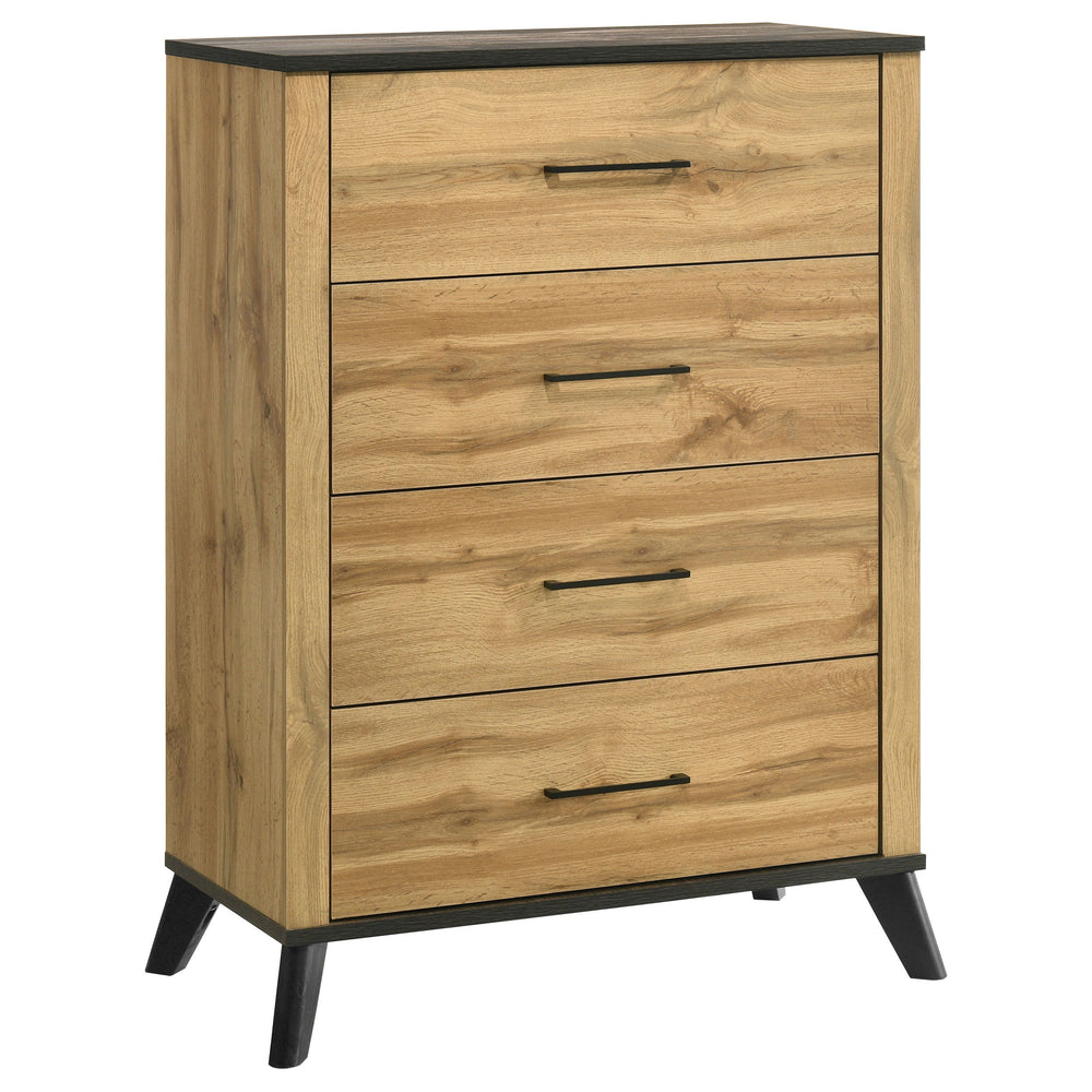 Organize your bedroom with this stylish chest, featuring a combination of mid-century modern design and rustic wood grain effect. The weathered brown and natural pine finish adds warmth and sophistication, while the matte black finished metal pull handles