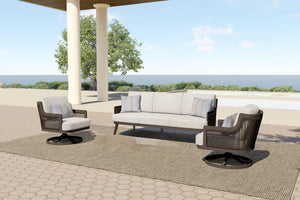 The Genova 3-Piece Patio Set, featuring a spacious patio sofa and two luxurious swivel club chairs, perfectly combines durability, comfort, and contemporary style for any outdoor setting. Built with durable aluminum frames and a baked-on powder coat finis