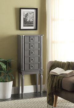 KD Leg, 4 Drw Top: Lid w/Mirror, Jewelry Storage & Cord mgmt: PreCut Hole (Velvet Lined) Side Doors w/Jewelry Storage (Hooks/Velvet Lined) Drawer: GLIDE Side Wood, Felt-Lined Drawers Wooden Fluted/Tapered Legs Anti-Tipping Strap Included<br/><br/><b>Produ